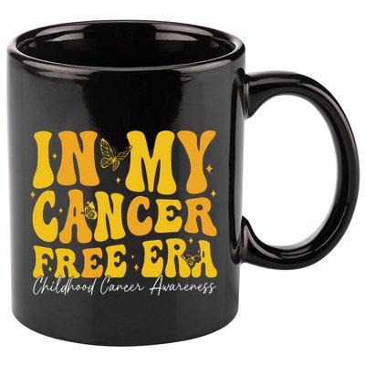 In My Cancer Free Era Childhood Cancer Awareness Gold Ribbon 11oz C Handle Ceramic Mug