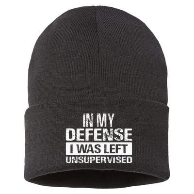 In My Defense I Was Left Unsupervised Funny Retro Vintage Sustainable Knit Beanie
