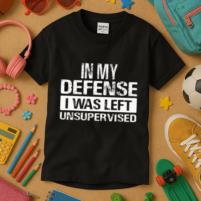 In My Defense I Was Left Unsupervised Funny Retro Vintage Kids T-Shirt
