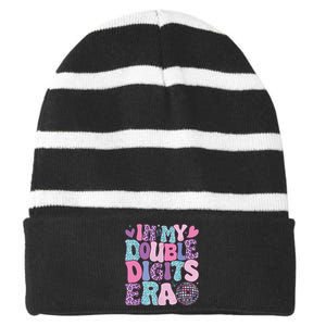 In My Double Digits Era Retro 10 Year Old 10th Birthday Girl Striped Beanie with Solid Band