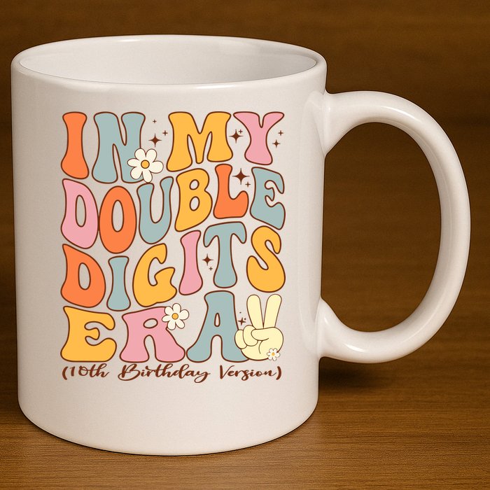 In My Double Digits Era 10th Birthday Groovy Retro Girl Boy 11oz C Handle Ceramic Mug