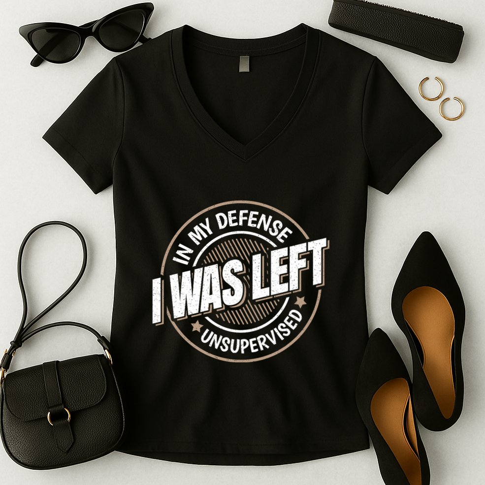 In My Defense I Was Left Unsupervised Funny Saying Graphic Women's V-Neck T-Shirt