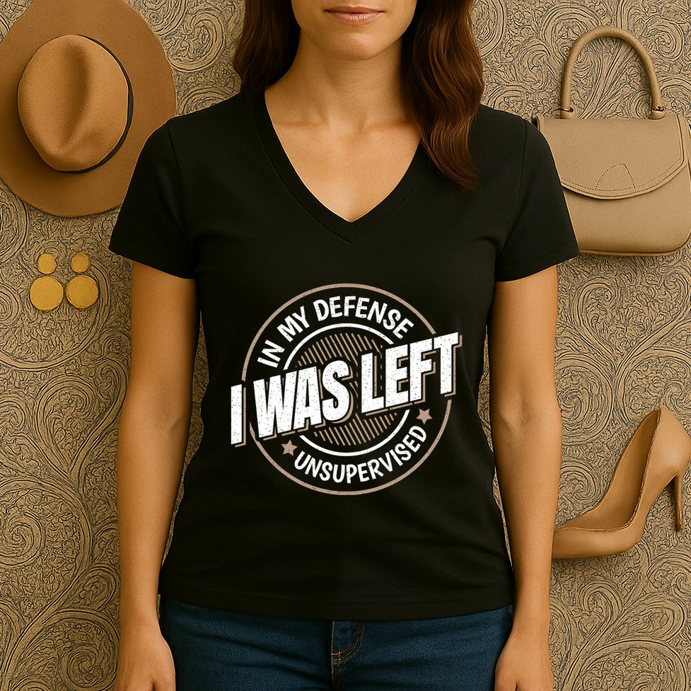 In My Defense I Was Left Unsupervised Funny Saying Graphic Women's V-Neck T-Shirt