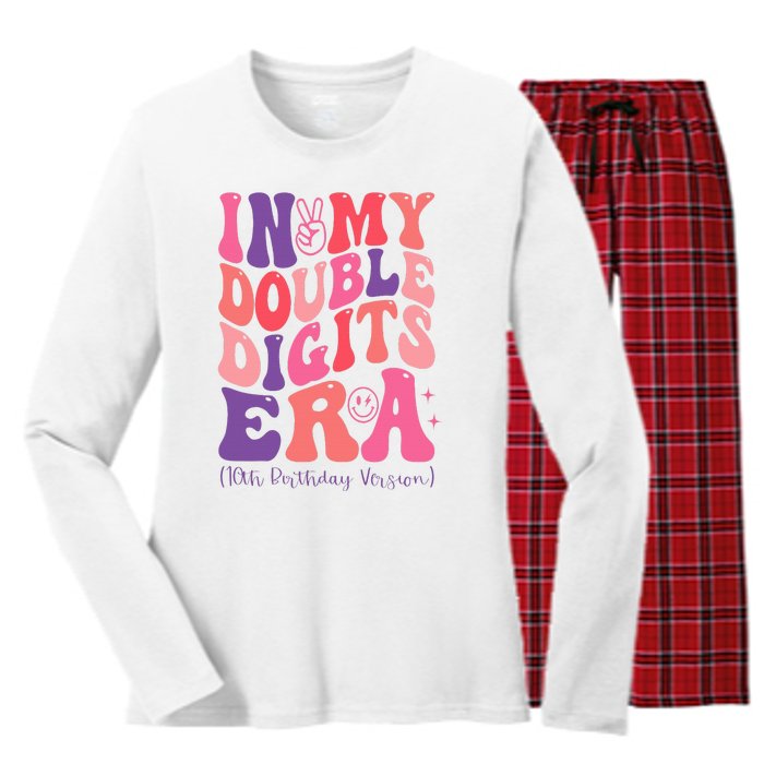 In My Double Digits Era 10th Birthday Version Groovy Retro Women's Long Sleeve Flannel Pajama Set 