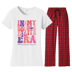 In My Double Digits Era 10th Birthday Version Groovy Retro Women's Flannel Pajama Set