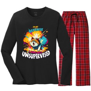 In My Defense I Was Left Unsupervised Gato Divertido Premium Women's Long Sleeve Flannel Pajama Set 