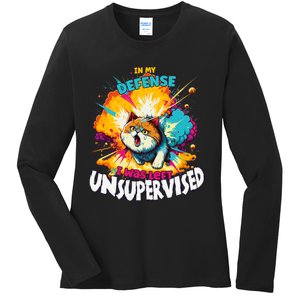 In My Defense I Was Left Unsupervised Gato Divertido Premium Ladies Long Sleeve Shirt