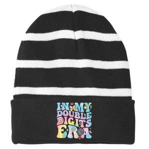 In My Double Digits Era Retro 10 Year Old 10th Birthday Girl Striped Beanie with Solid Band