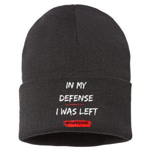 In My Defense I Was Left Unsupervised Funny Raglan Baseball Sustainable Knit Beanie