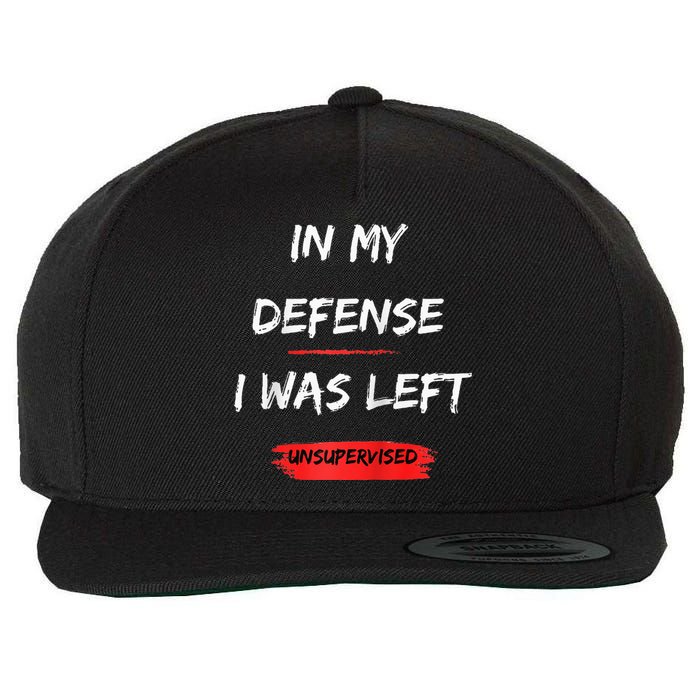 In My Defense I Was Left Unsupervised Funny Raglan Baseball Wool Snapback Cap