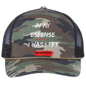 In My Defense I Was Left Unsupervised Funny Raglan Baseball Retro Rope Trucker Hat Cap