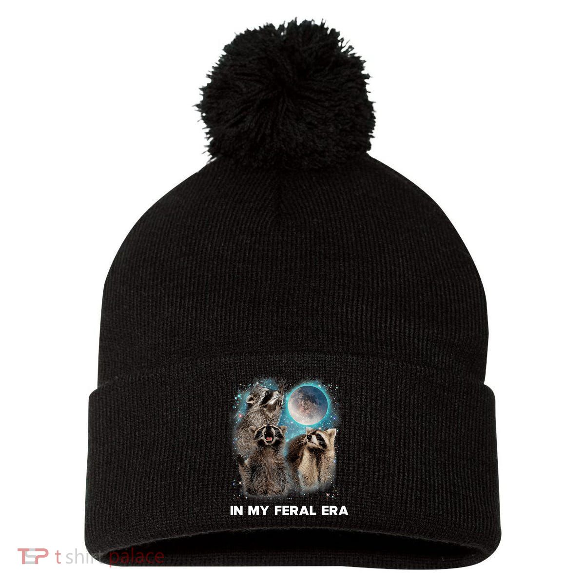 In My Feral Era Raccoon Pom Pom 12in Knit Beanie