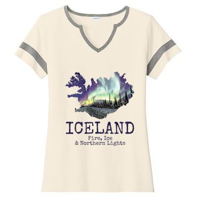 Iceland Map Fire Ice Northern Light Icelandic Souvenir Ladies Halftime Notch Neck Tee