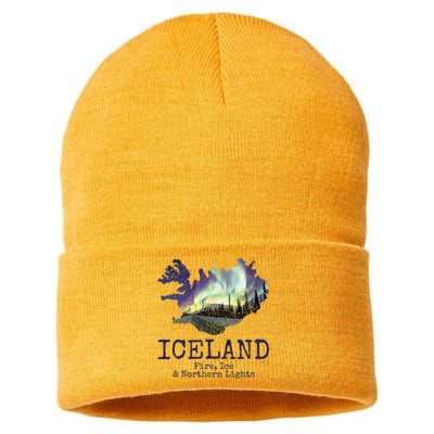 Iceland Map Fire Ice Northern Light Icelandic Souvenir Sustainable Knit Beanie