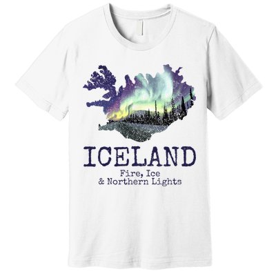 Iceland Map Fire Ice Northern Light Icelandic Souvenir Premium T-Shirt