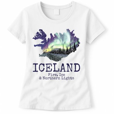 Iceland Map Fire Ice Northern Light Icelandic Souvenir Womens T-Shirt