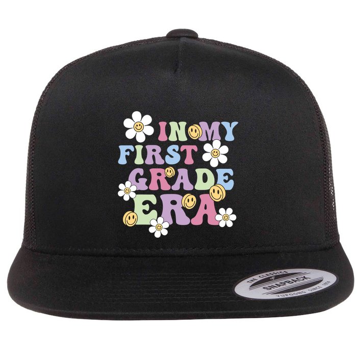 In My First Grade Era Back To School 1st Teacher Groovy Flat Bill Trucker Hat
