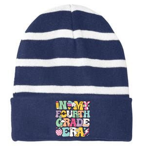 In My Fourth Grade Era Back To School Retro Groovy 4th Grade Striped Beanie with Solid Band