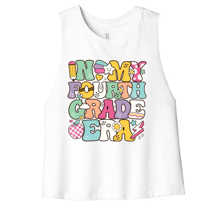 In My Fourth Grade Era Back To School Retro Groovy 4th Grade Women's Racerback Cropped Tank