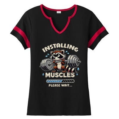 Installing Muscles Gym Workout Fitness Weightlifting Raccoon Ladies Halftime Notch Neck Tee