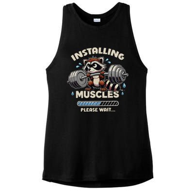 Installing Muscles Gym Workout Fitness Weightlifting Raccoon Ladies PosiCharge Tri-Blend Wicking Tank