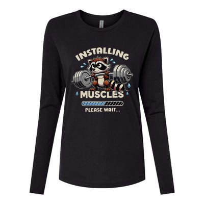 Installing Muscles Gym Workout Fitness Weightlifting Raccoon Womens Cotton Relaxed Long Sleeve T-Shirt