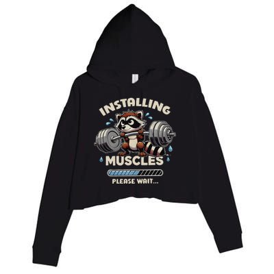 Installing Muscles Gym Workout Fitness Weightlifting Raccoon Crop Fleece Hoodie