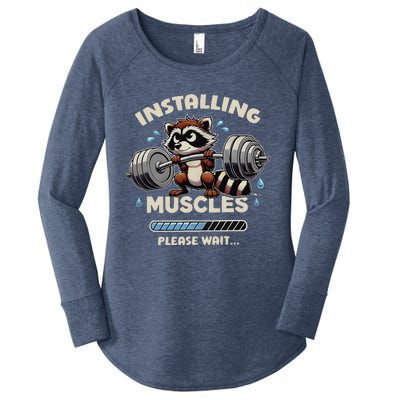 Installing Muscles Gym Workout Fitness Weightlifting Raccoon Women's Perfect Tri Tunic Long Sleeve Shirt