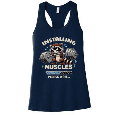 Installing Muscles Gym Workout Fitness Weightlifting Raccoon Women's Racerback Tank