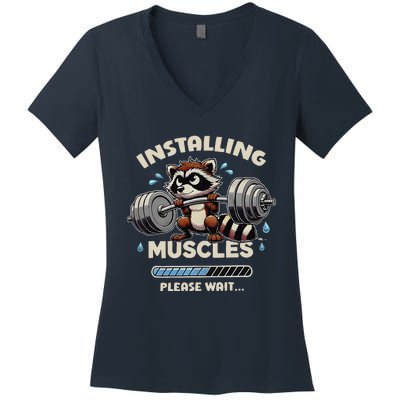 Installing Muscles Gym Workout Fitness Weightlifting Raccoon Women's V-Neck T-Shirt