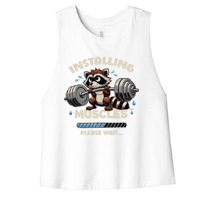 Installing Muscles Gym Workout Fitness Weightlifting Raccoon Women's Racerback Cropped Tank