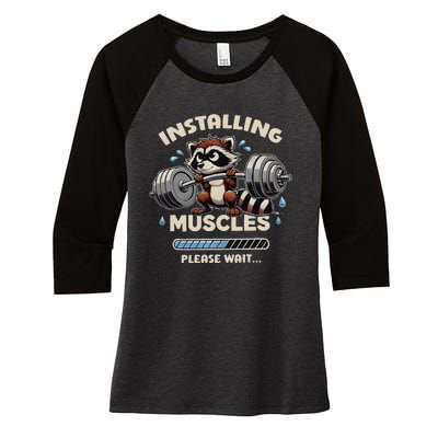 Installing Muscles Gym Workout Fitness Weightlifting Raccoon Women's Tri-Blend 3/4-Sleeve Raglan Shirt