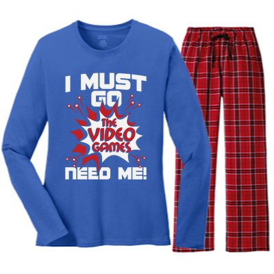 I Must Go The Video Games Need Me Gamer Retro Gaming Funny Gift Women's Long Sleeve Flannel Pajama Set 