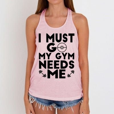 I Must Go My Gym Needs Me Cool Gift Women's Knotted Racerback Tank