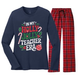 In My Holly Xmas Jolly Teacher Era Christmas Spirit Holiday Women's Long Sleeve Flannel Pajama Set 