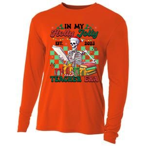 In My Holly X Jolly Teacher Era Funny Skeleton Xmas Holiday Gift Cooling Performance Long Sleeve Crew