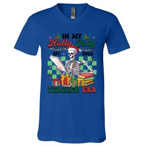 In My Holly X Jolly Teacher Era Funny Skeleton Xmas Holiday Gift V-Neck T-Shirt