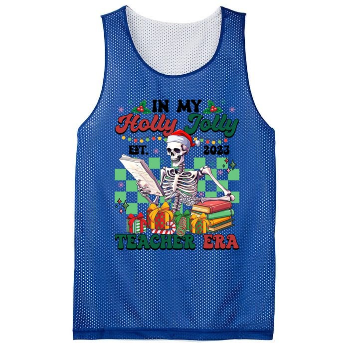 In My Holly X Jolly Teacher Era Funny Skeleton Xmas Holiday Gift Mesh Reversible Basketball Jersey Tank