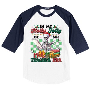 In My Holly X Jolly Teacher Era Funny Skeleton Xmas Holiday Gift Baseball Sleeve Shirt