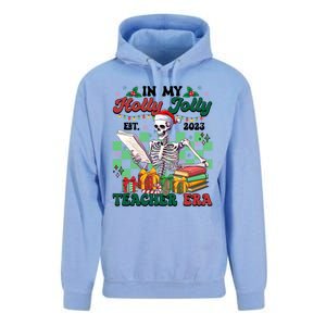 In My Holly X Jolly Teacher Era Funny Skeleton Xmas Holiday Gift Unisex Surf Hoodie