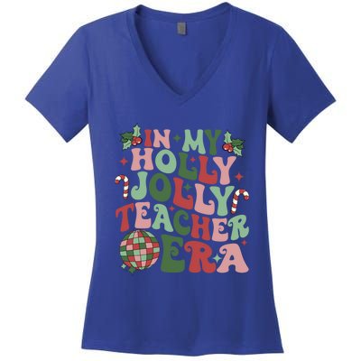 In My Holly Xmas Jolly Teacher Era Teacher Vibes Christmas Gift Women's V-Neck T-Shirt