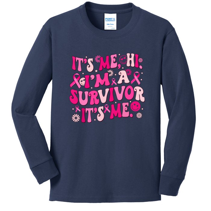 Its Me Hi Im Survivor Groovy Breast Cancer Awareness Gift Kids Long Sleeve Shirt