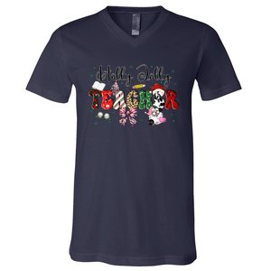 In My Holly Xmas Jolly Teacher Era Teacher Vibes Christmas V-Neck T-Shirt