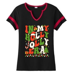 In My Holly Xmas Jolly Era Retro Wavy Christmas Trees Groovy Ladies Halftime Notch Neck Tee