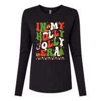 In My Holly Xmas Jolly Era Retro Wavy Christmas Trees Groovy Womens Cotton Relaxed Long Sleeve T-Shirt