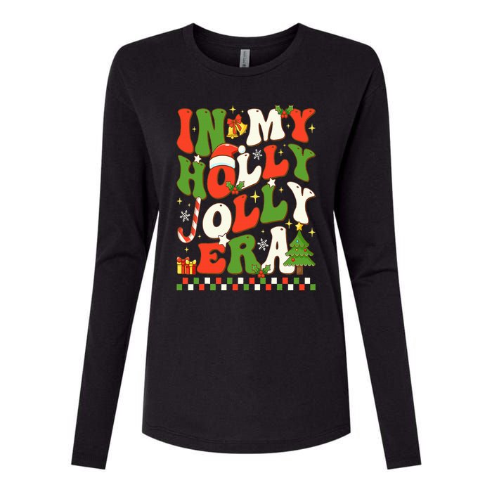 In My Holly Xmas Jolly Era Retro Wavy Christmas Trees Groovy Womens Cotton Relaxed Long Sleeve T-Shirt