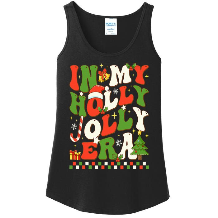 In My Holly Xmas Jolly Era Retro Wavy Christmas Trees Groovy Ladies Essential Tank