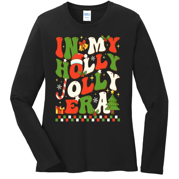 In My Holly Xmas Jolly Era Retro Wavy Christmas Trees Groovy Ladies Long Sleeve Shirt