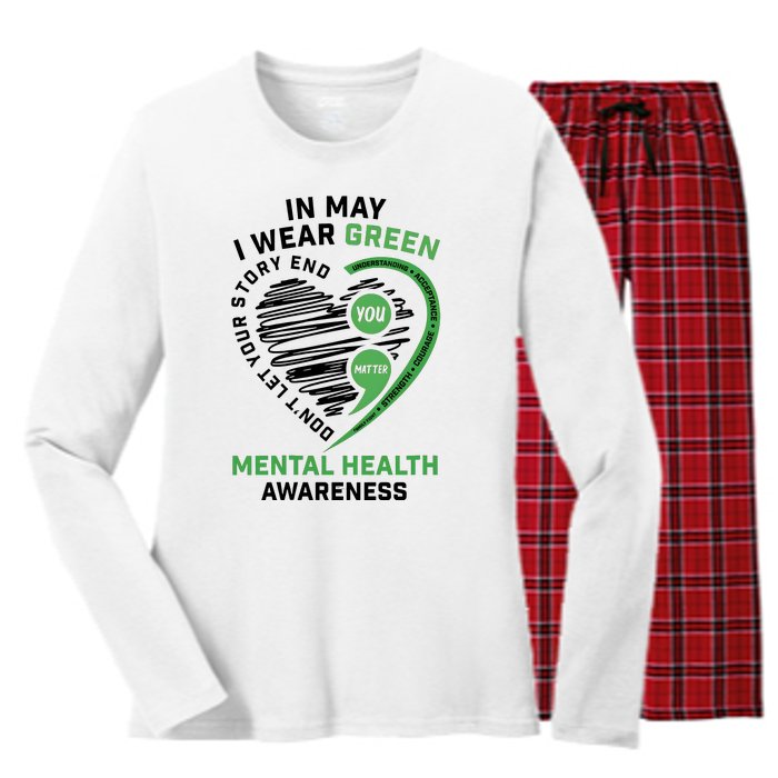 In May I Wear Green Mental Health Awareness Therapist Women's Long Sleeve Flannel Pajama Set 