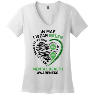 In May I Wear Green Mental Health Awareness Therapist Women's V-Neck T-Shirt